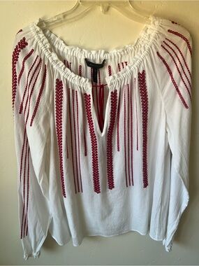 BCBGMaxAzria White Blouse with Red Embroidered Size S